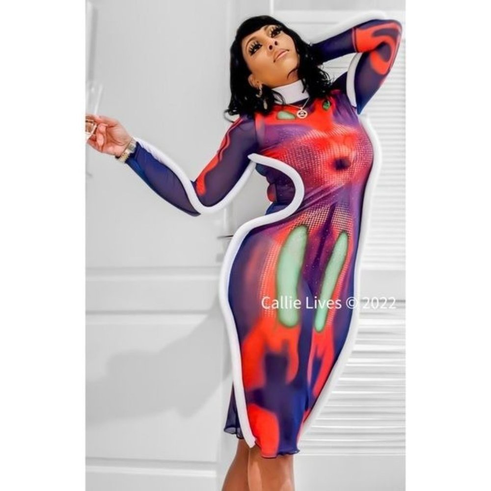 STASIA 3006: Infrared Body 5th Element Mesh Long Sleeve Maxi Dress - Picture 5 of 16